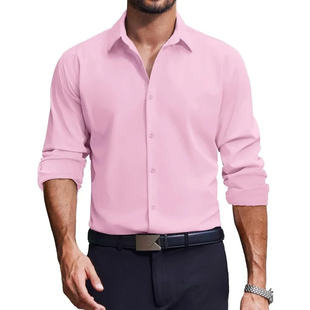 Coofandy Men Solid Pink Long Sleeve Button Down Regular Fit Business Shirt - Picture 1 of 6